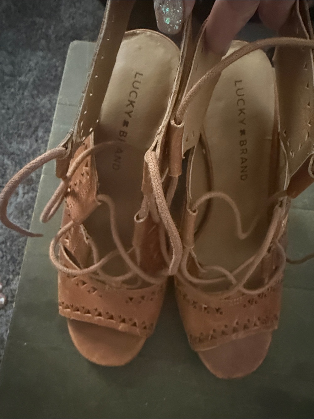Lucky Brand Tan Lace-Up Peep-Toe Heels with Cutout Detail